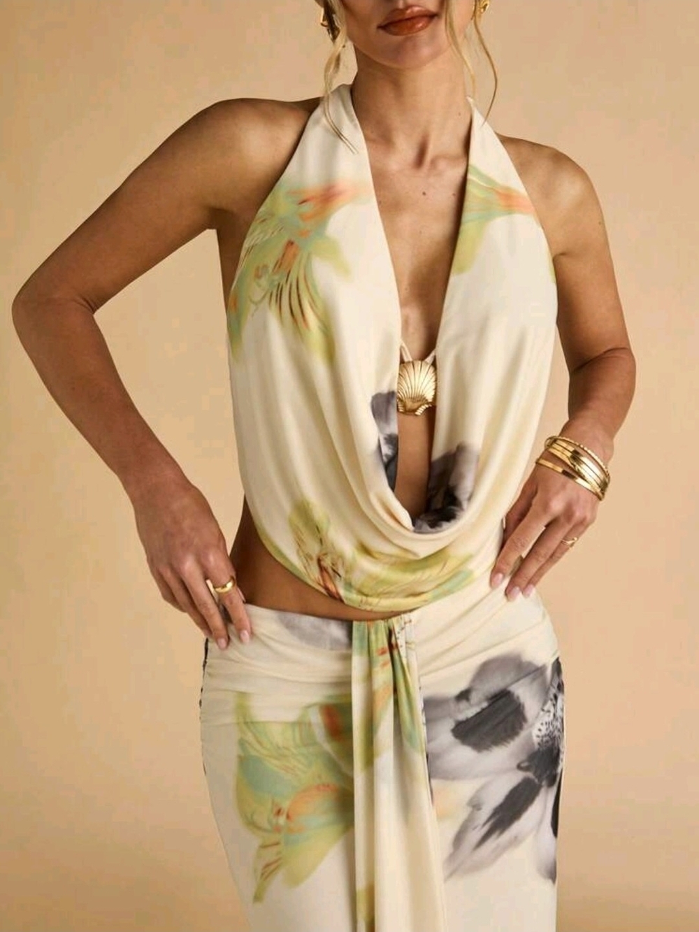 BAE Two-Piece Set Flower Print Shell Metal Decor Halte Top & Pleated Long Skirts - Picture 3 of 7